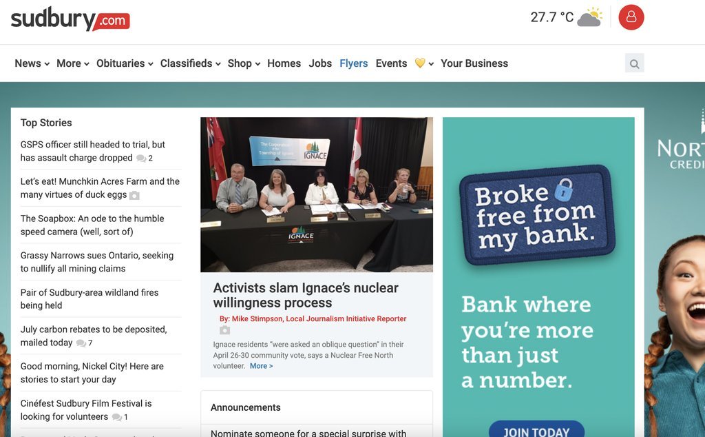 Screenshot of the Sudbury.com website