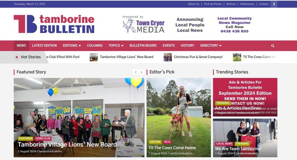Screenshot of the Tamborine Bulletin website