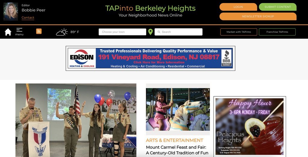 Screenshot of the TAP into Berkeley Heights website