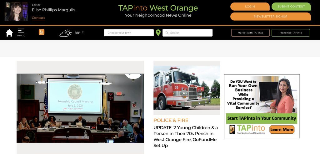 Screenshot of the TAP into West Orange website