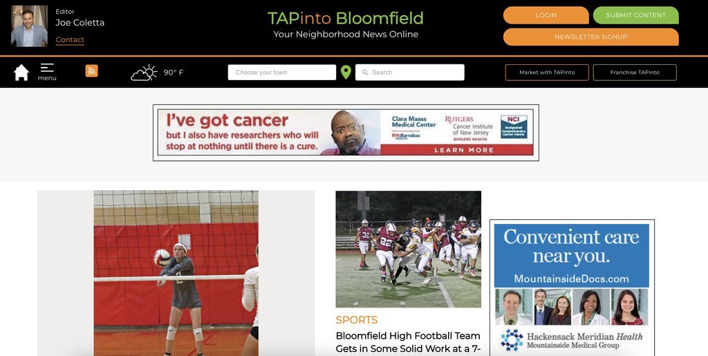 Screenshot of the TAPinto Bloomfield website