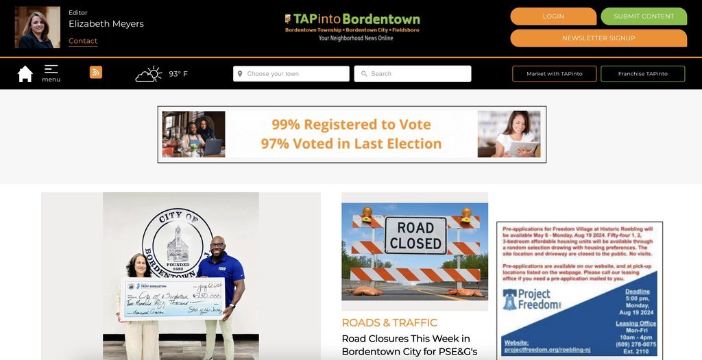 Screenshot of the TAPinto Bordentown website