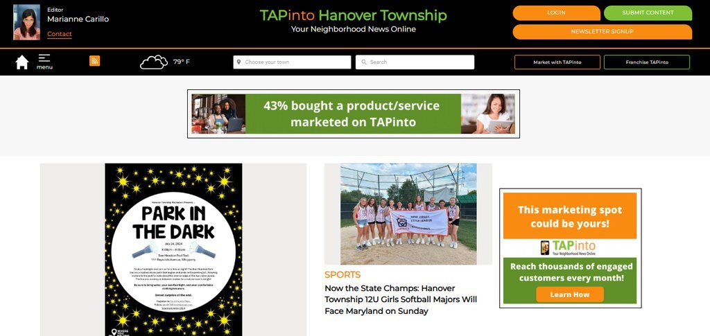 Screenshot of the TAPinto Hanover Township website