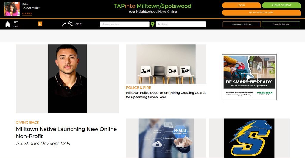 Screenshot of the TAPinto Milltown/Spotswood website