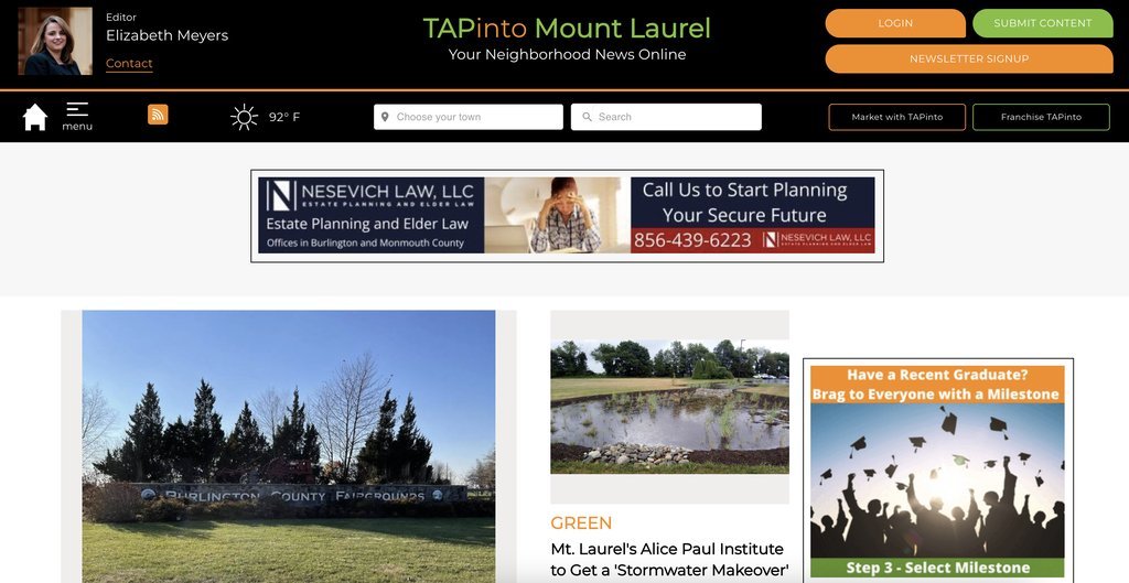 Screenshot of the TAPinto Mount Laurel website