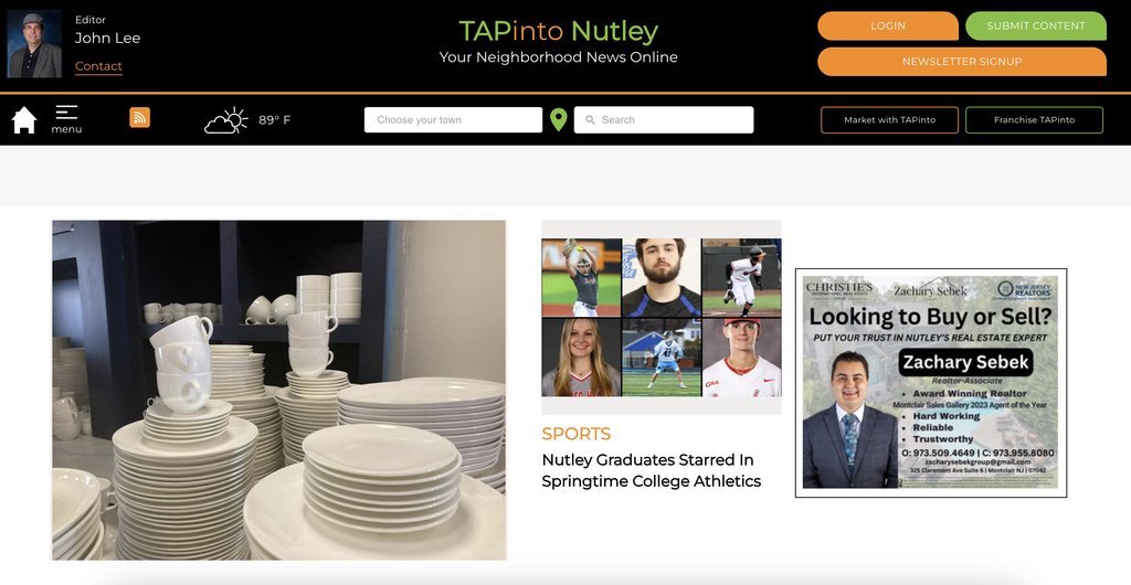 Screenshot of the TAPinto Nutley website