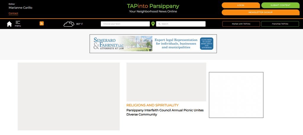 Screenshot of the TAPinto Parsippany website