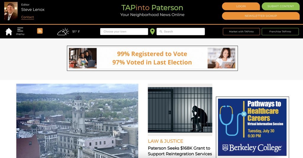 Screenshot of the TAPinto Paterson website