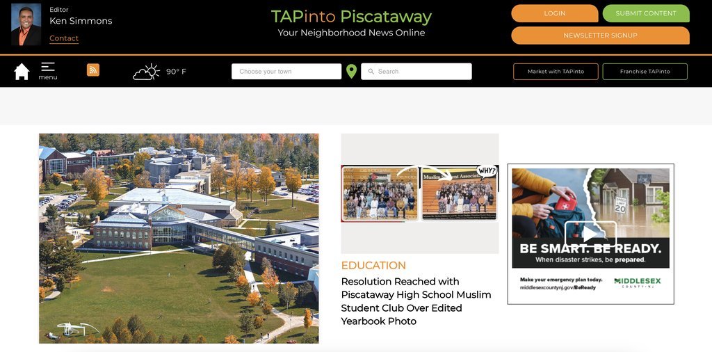 Screenshot of the TAPinto Piscataway website
