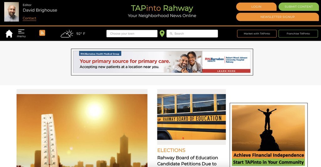 Screenshot of the TAPinto Rahway website