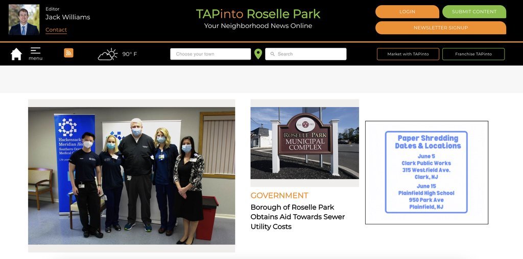Screenshot of the TAPinto Roselle Park website