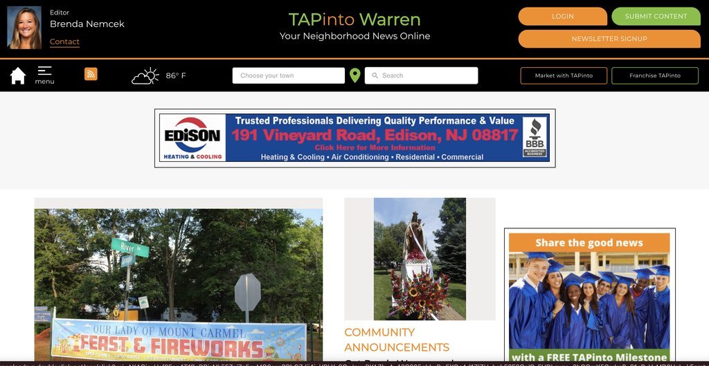 Screenshot of the TAPinto Warren website