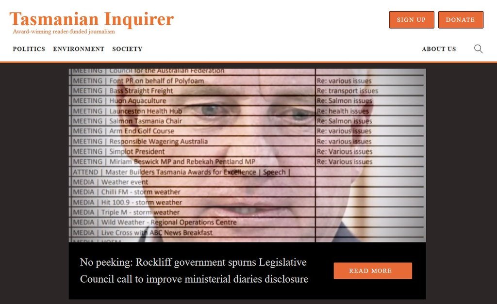 Screenshot of the Tasmanian Inquirer website