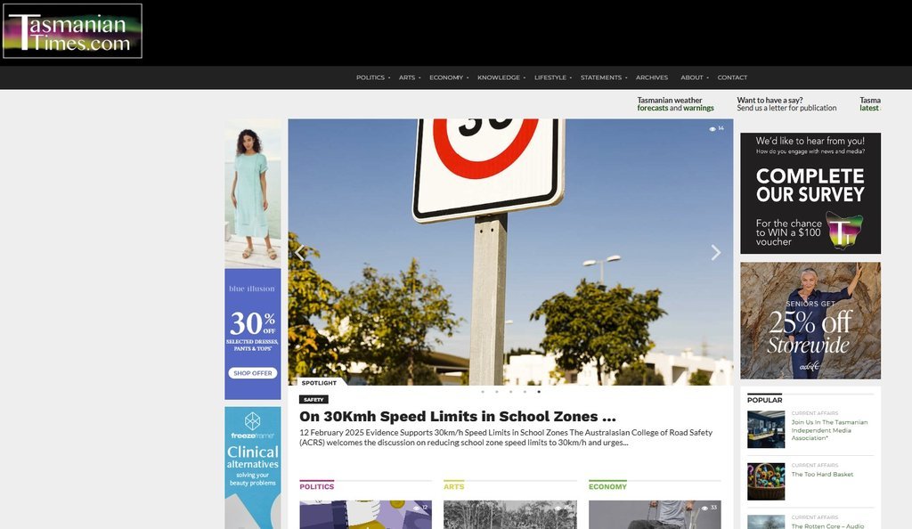 Screenshot of the Tasmanian Times website