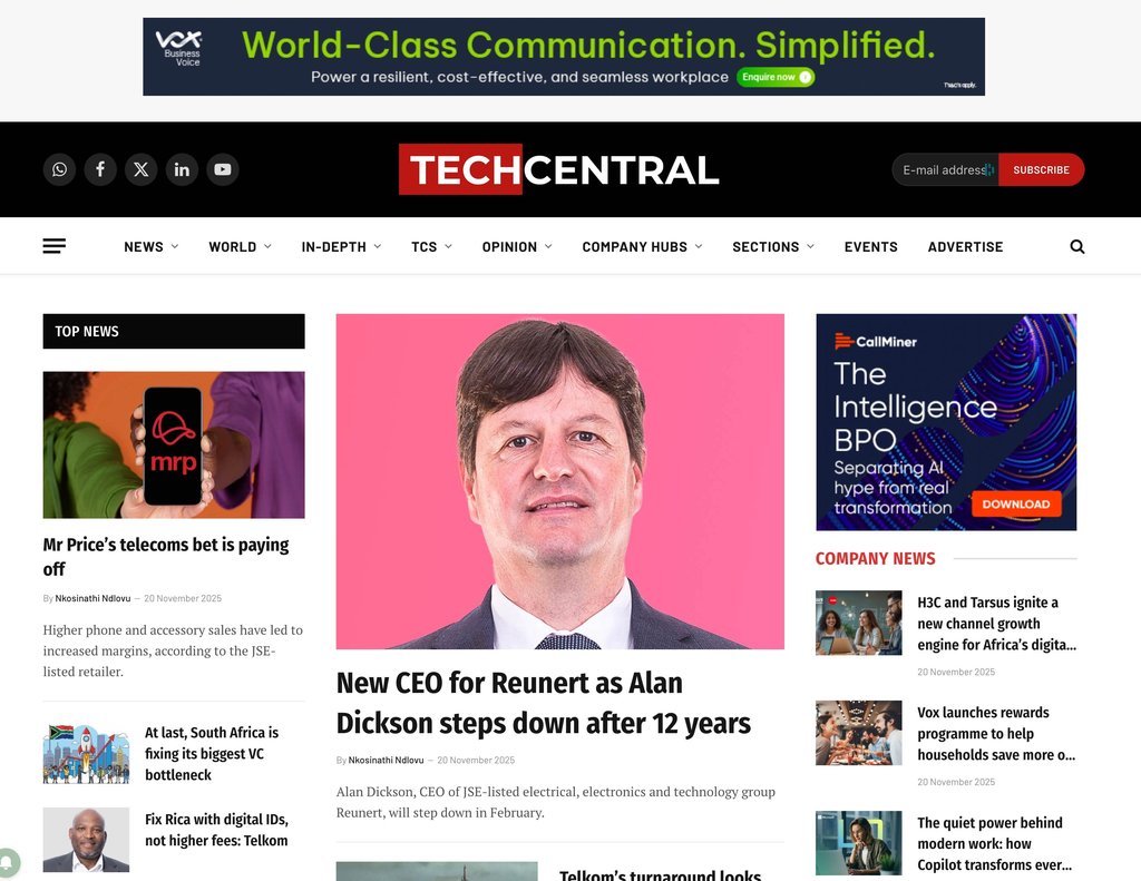 Screenshot of the TechCentral website