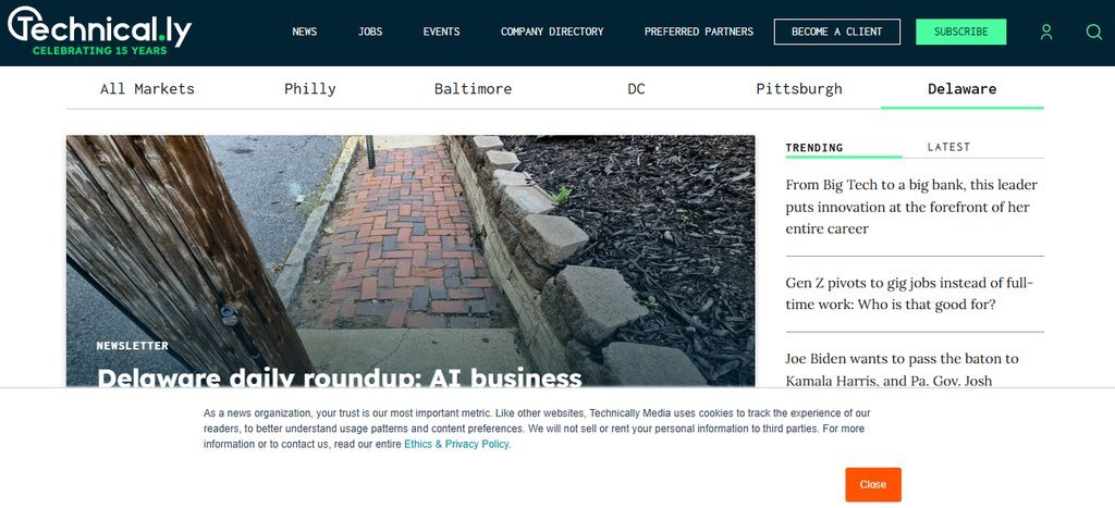 Screenshot of the Technical.ly Delaware website