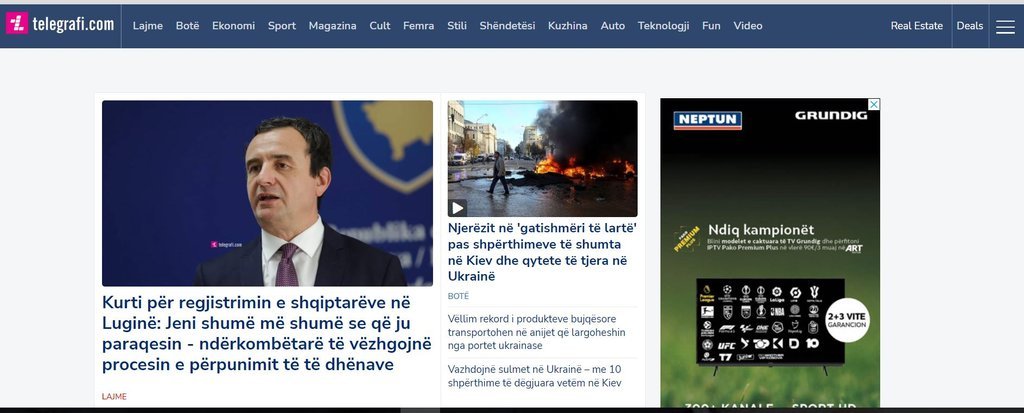 Screenshot of the Telegrafi.com website