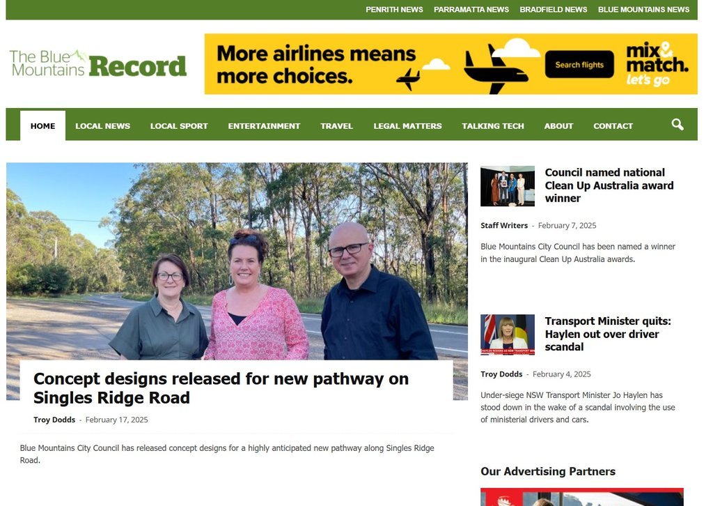 Screenshot of the The Blue Mountains Record website
