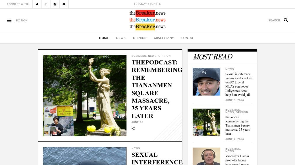 Screenshot of the The Breaker News website