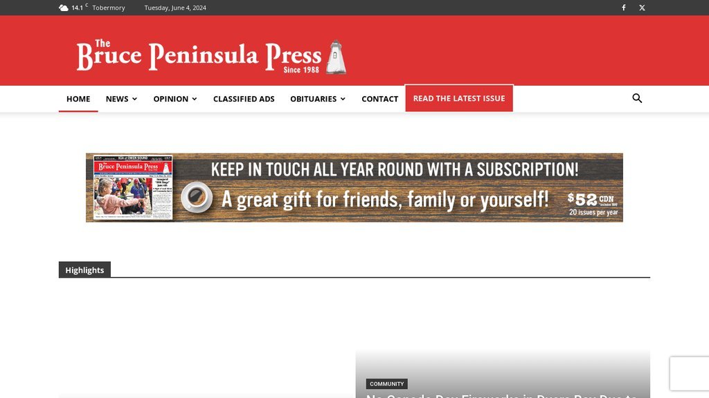 Screenshot of the The Bruce Penisula Press website