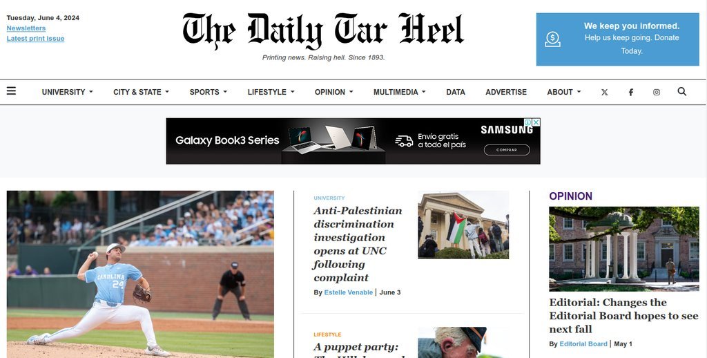 Screenshot of the The Daily Tar Heel website