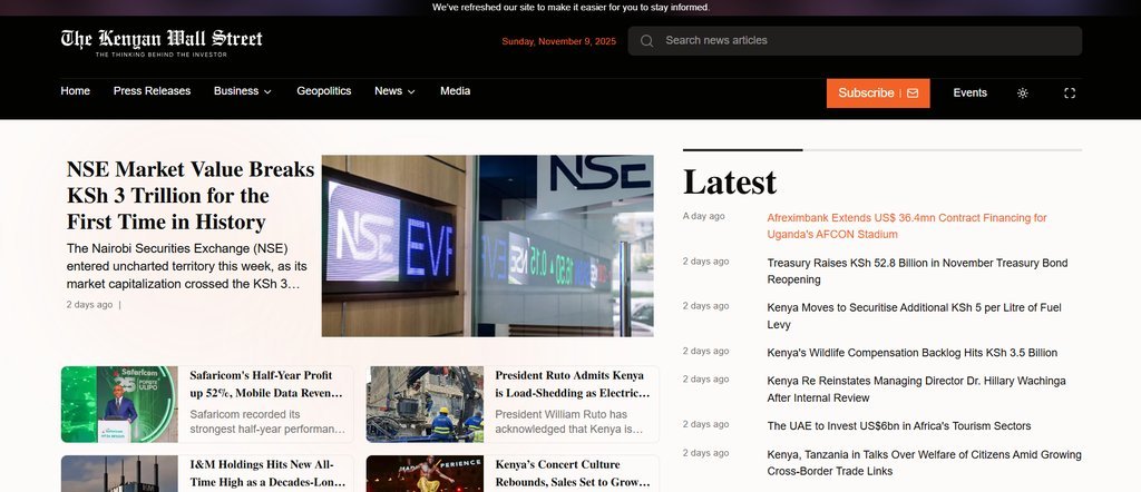 Screenshot of the The Kenyan Wall Street website