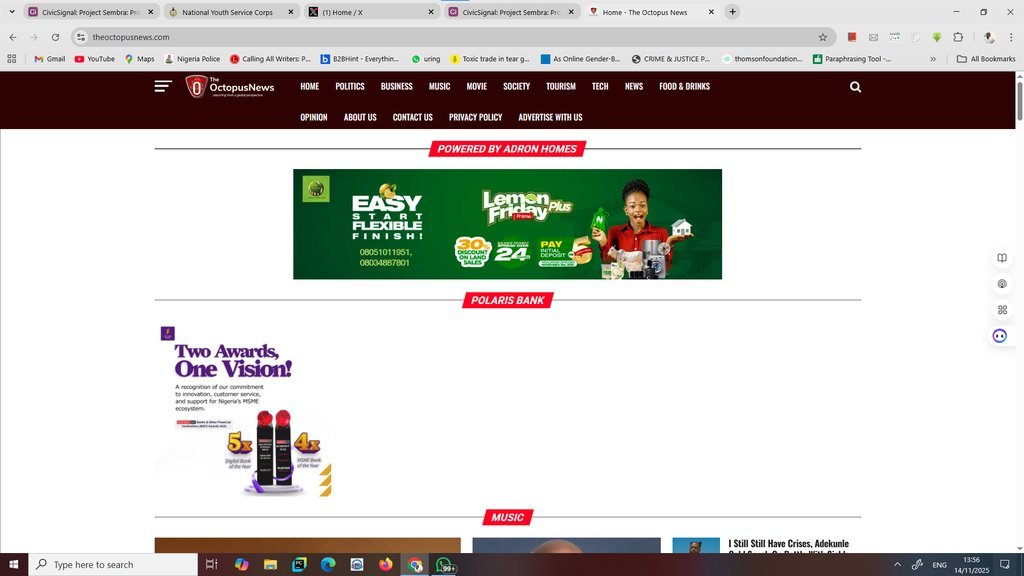 Screenshot of the The Octopus News website