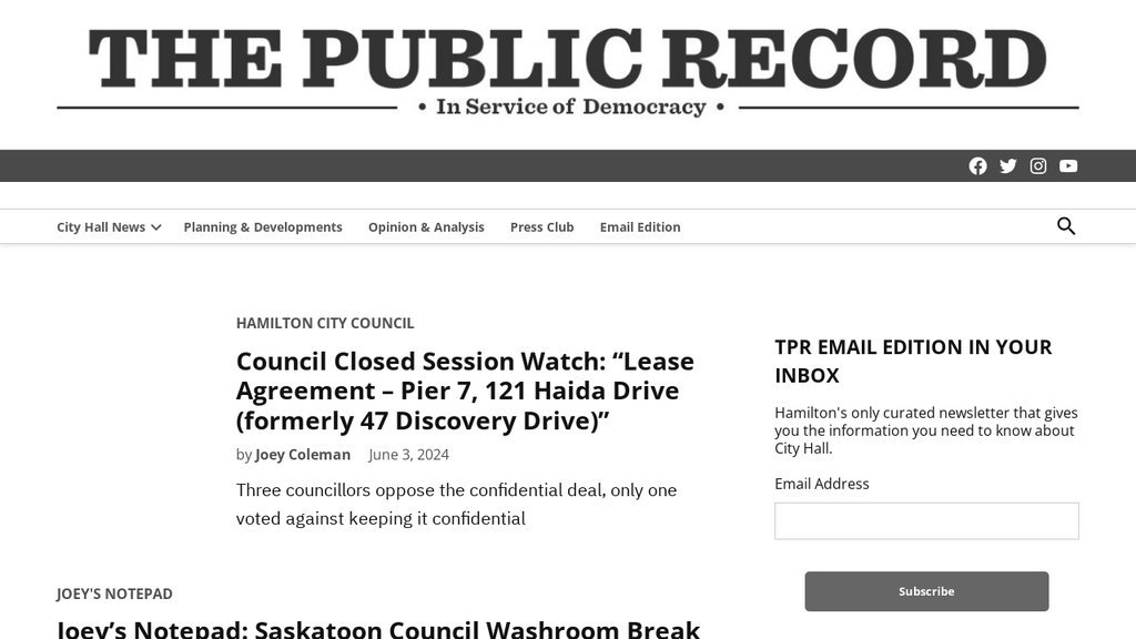 Screenshot of the The Public Record Hamilton website
