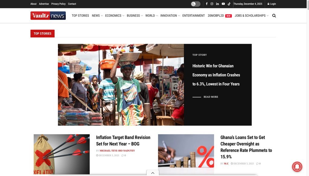 Screenshot of the The Vaultz News website