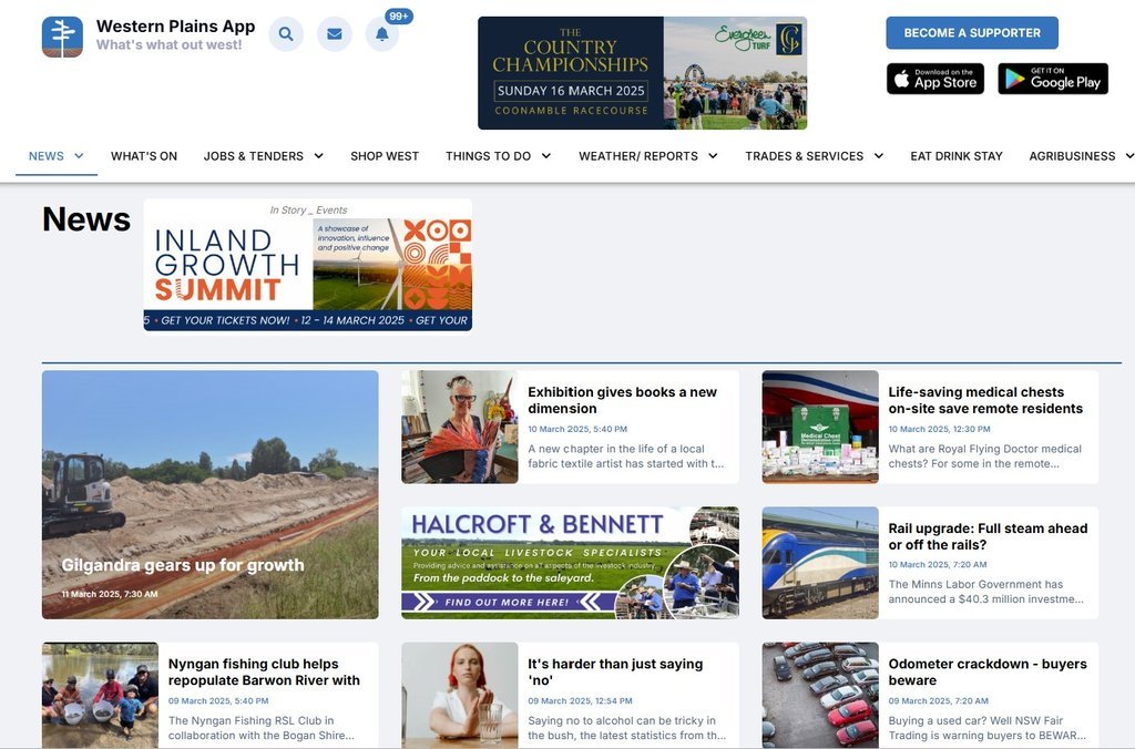 Screenshot of the The Western Plains App website