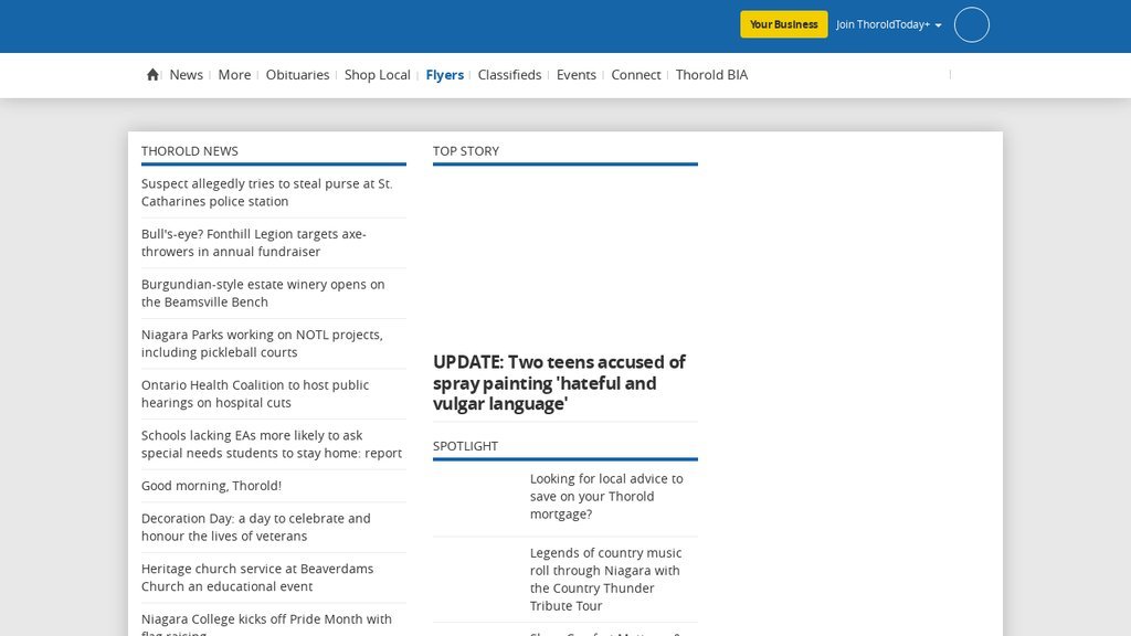 Screenshot of the Thoroldnews.com website