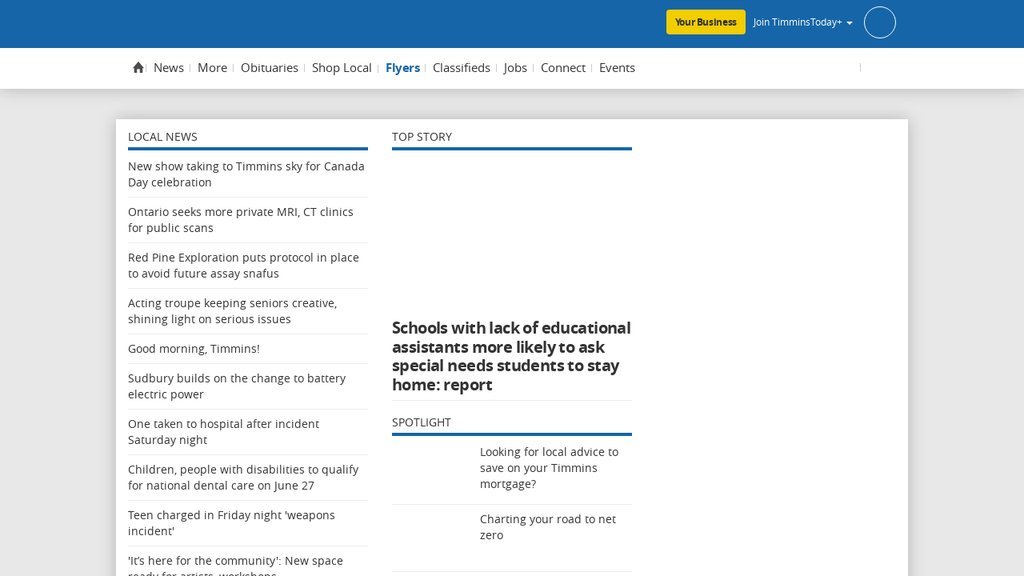 Screenshot of the TimminsToday.com website