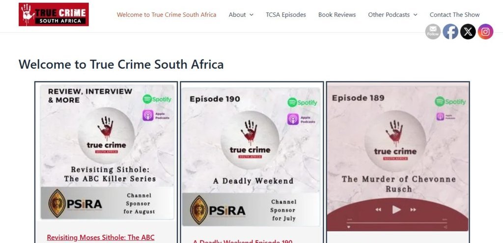 Screenshot of the True Crime South Africa website