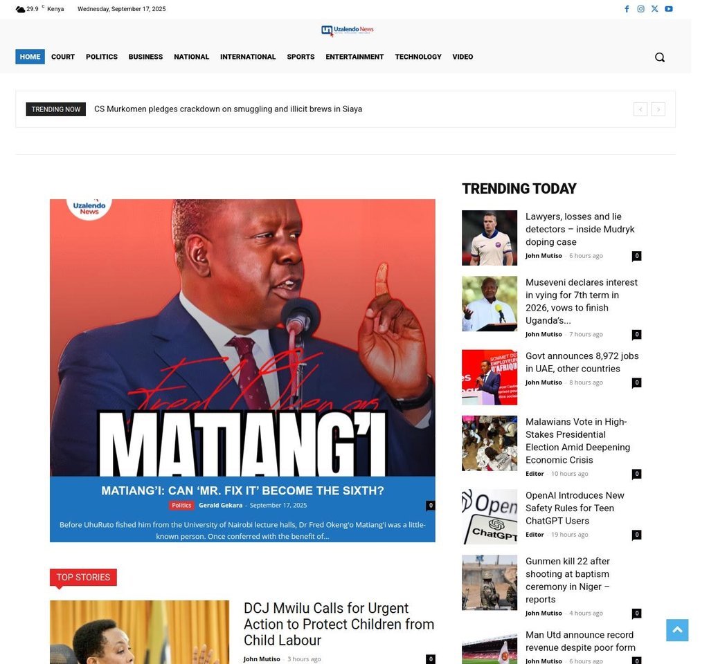 Screenshot of the Uzalendo News website