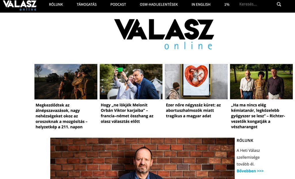 Screenshot of the Válasz Online website