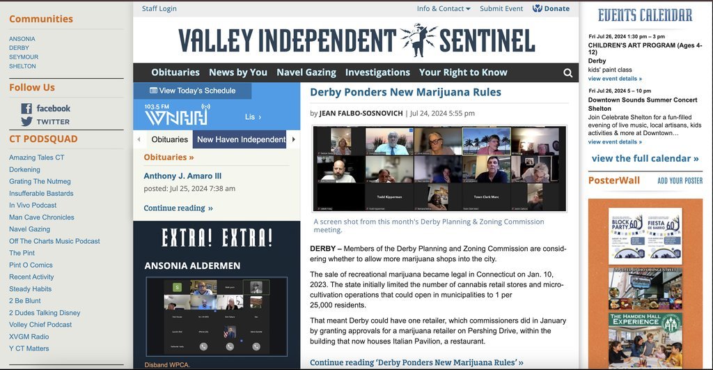 Screenshot of the Valley Independent Sentinel website