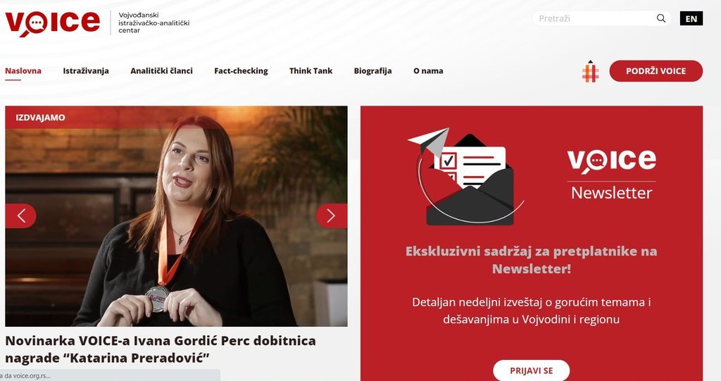 Screenshot of the Vojvođanski istraživačko-analitički centar (VOICE) website