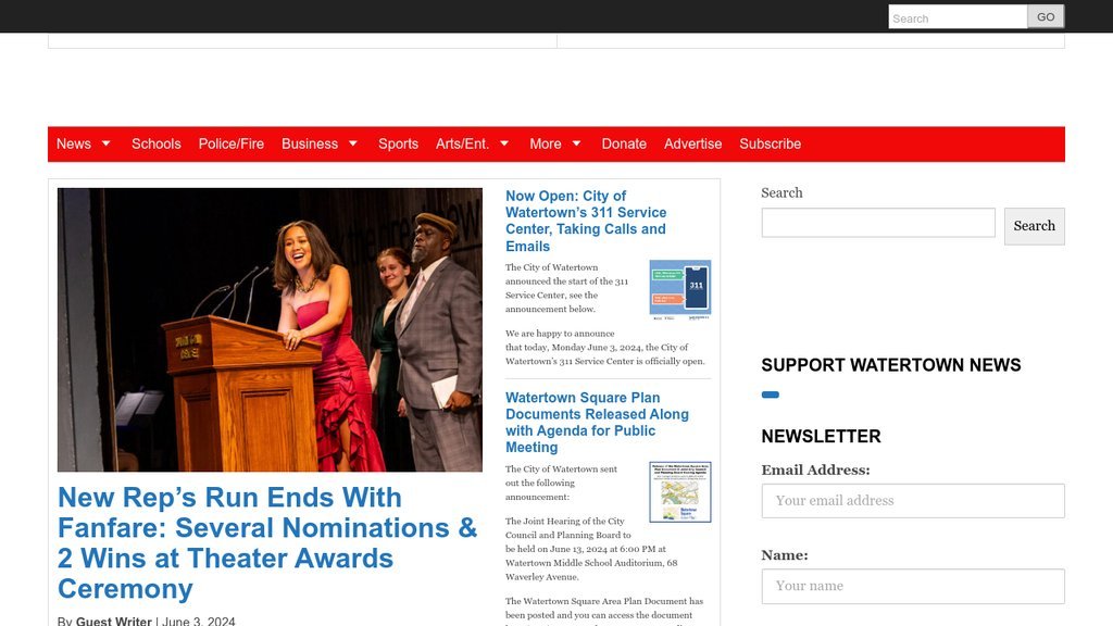 Screenshot of the Watertown News website