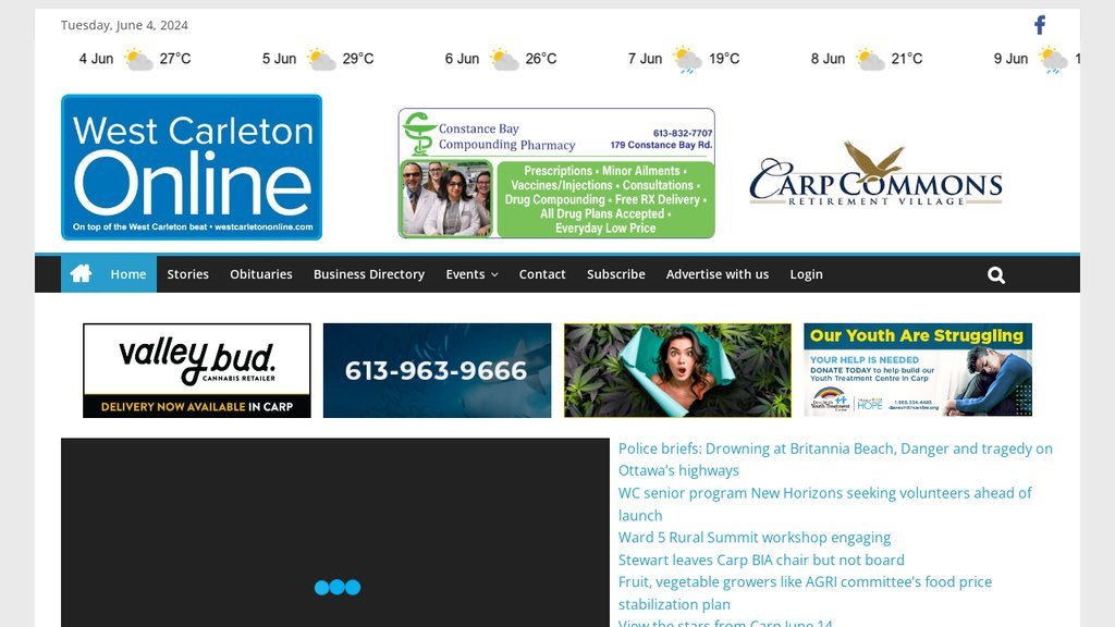 Screenshot of the West Carleton Online website