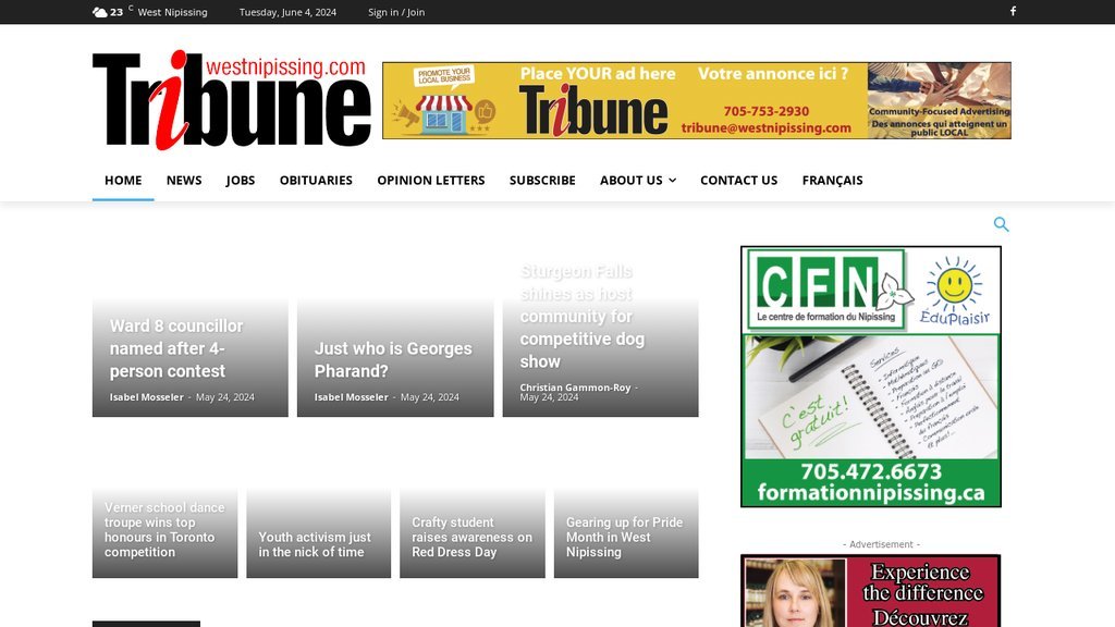 Screenshot of the West Nipissing Tribune website