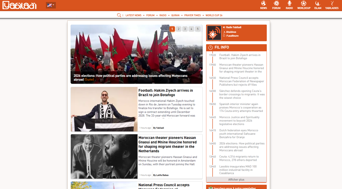 Screenshot of the Yabiladi website