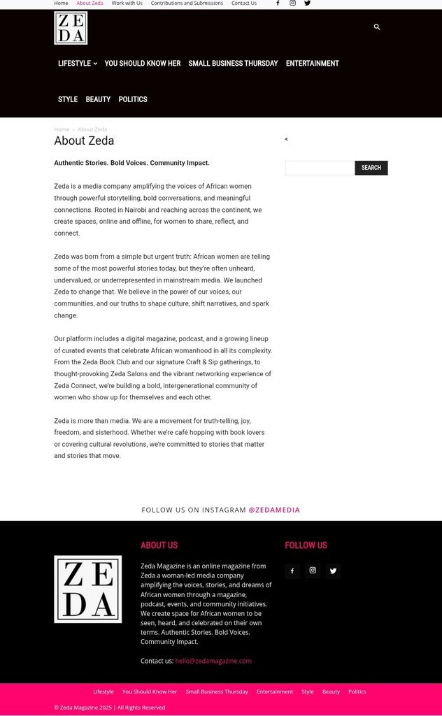 Screenshot of the Zeda Magazine website